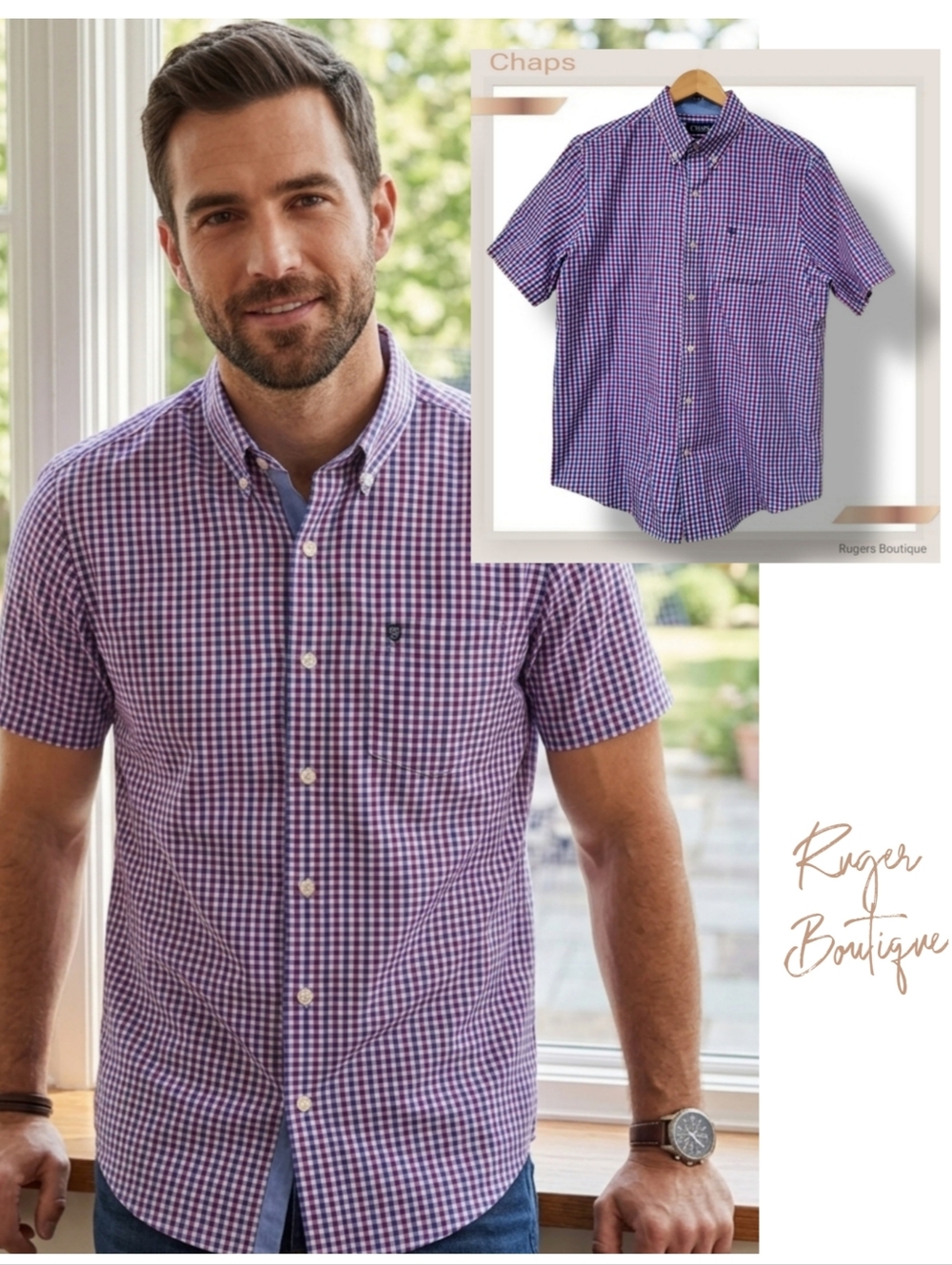 🌿Chaps EasyCare Men's Large Blue Lavender Check Button Down Shirt Shortsleeve